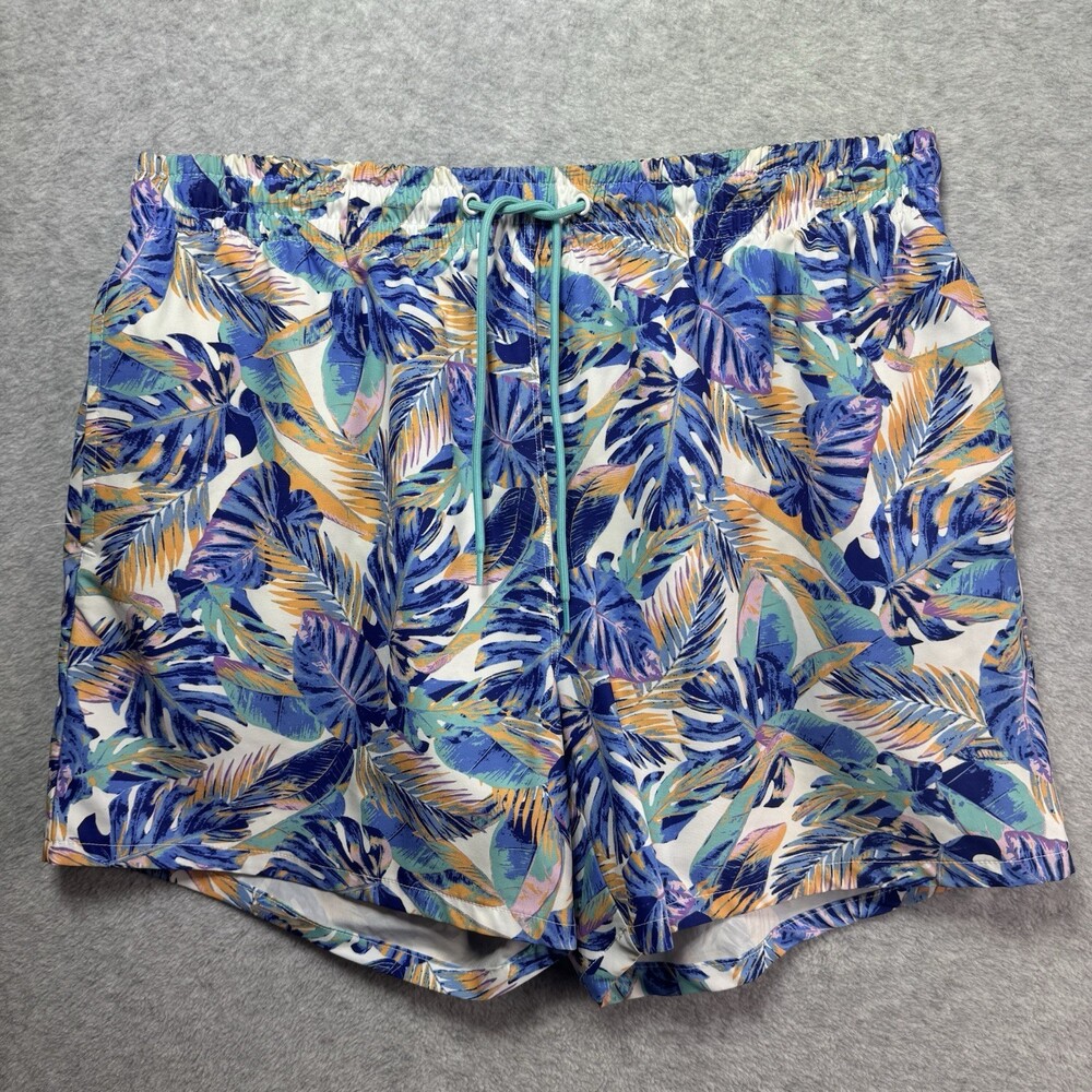 Cabana Crown & Ivy Mens Swim Trunks Shorts Large Tropical Hibiscus Floral Blue